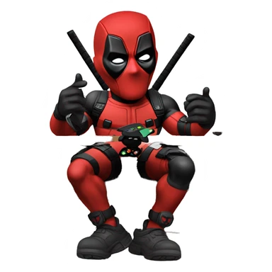 Deadpool holding xbox controller sitting at a desk, front view sticker