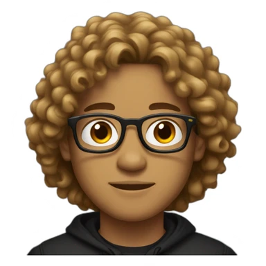 A young man wearing glasses, his skin is very light brown, and He has long curly hair and a black winter shirt as well sticker