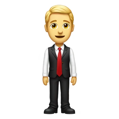Full body picture of a male in a black suit with a white shirt and red tie holding his hand out flat as if something is resting in it sticker