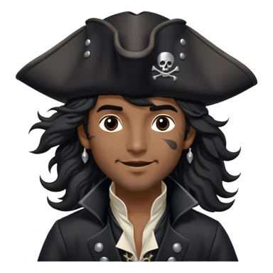A charismatic pirate with wavy black hair tousled by the breeze. His silver-embroidered tricorn hat casts a shadow. Dark eyes glint with mischief as he looks to the side, a knowing smile on his lips. His black coat, adorned with silver buttons, shifts with the wind sticker
