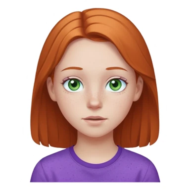pale white teen girl with light blueish green eyes and freckles and purple shirt sticker