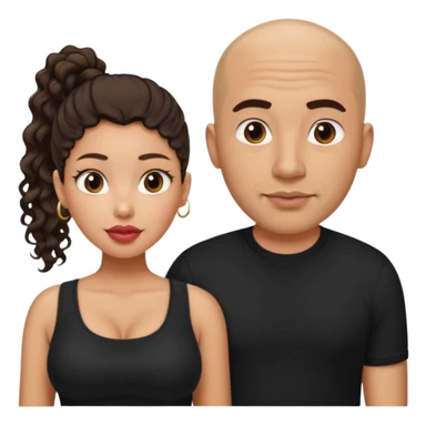A picture of a tanned couple. the man is a Mexican man with tanned skin, a bald hair cut, short shaved beard and wearing a black shirt. the woman is mixed, with curly medium length hair in a pony tail, with big boobs and lips  sticker