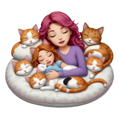 girl with long wavy brown hair, long lashes makeup, sexy pink lips, light to medium complexion,  sleeping on a cozy pillow, with 6 cats: 1 ginger/white, 1 grey with white paws, 1 calico, 2 grey and white and one tabby and white sticker