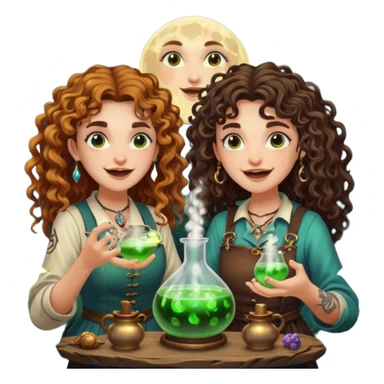 forest alchemist duo two women curly long hair tattooed and short brown mullet mixing glowing moon potion together excited faces sticker