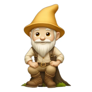side view of gnome with light tan pants and light tan boots squatting above small brown log sticker
