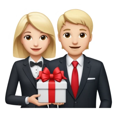 "Emoji of a young attractive blonde woman receiving a new car with a big red bow as a gift from a man dressed as a businessman in a suit." sticker