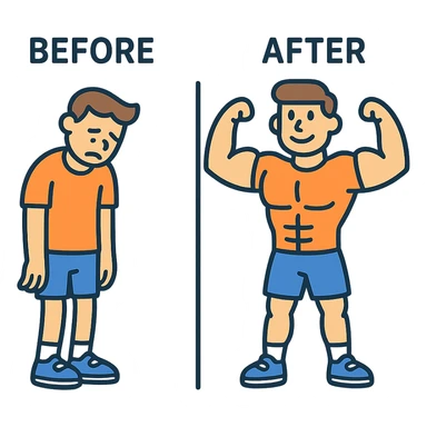 in the picture is devided in to two parts, at the first the sportsman is weak and lazy, but at the second picture the same sportsman is very strong because he doing a workout regularly. There is no line between the picture, at the first picture the is a word before, in the second picture there is a word after sticker