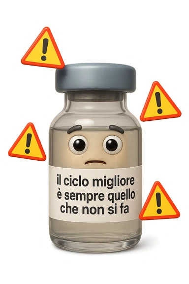 SU QUESTO STILE FAI UN EMOJI STILE IPHONE 3D DI UNa boccetta di fiala medica attorno alla quale fluttuano segnali di pericolo, sull'etichetta della boccetta c'è scritto "il ciclo migliore è sempre quello che non si fa", FALLO MOLTO REALISTICO IN 3D sticker