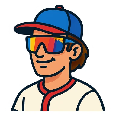 vibrant toon style baseball guy with brown hair, no beard, baseball cap, and Pit Viper sunglasses sticker