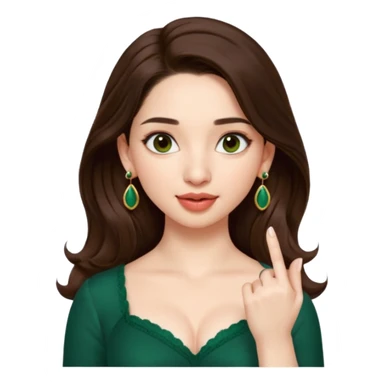 pretty bratz genmoji that looks like tamannah bhatia (bollywood actress), wearing a dark green sweetheart neckline top, dark brown hair, light makeup, no necklace, dangly earrings, SIDE hair part, fair. dark brown eyes, long hair

Show her licking her finger  sticker