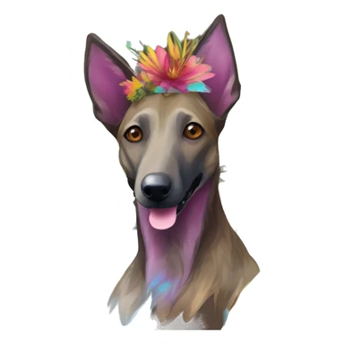  brindle brown black maroon gold lurcher Alsatian fox running blue eyes and iridescent holographic oilslick harness wearing paper iridescent tropical flower crown yellow caution tape sticker