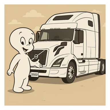 Change the semi truck to white, keep Casper the friendly ghost in cartoon style. sticker