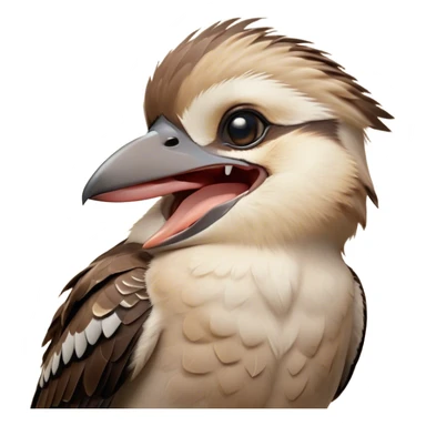 Cinematic Cute Yawning Kookaburra Portrait Emoji, Head tilted slightly with a dramatic, wide-open yawn, showcasing a soft, downy brown plumage with gently drooping wings and a relaxed beak, round eyes barely open in drowsy contentment, Simplified yet irresistibly adorable features, highly detailed, glowing with a soft, cozy glow, high shine, relaxed yet expressive, stylized with a touch of bushland charm, bright and endearing, soft glowing outline, capturing the essence of a sleepy yet affectionate kookaburra, so drowsy it feels like it could flutter out of the screen and curl up for a nap! sticker