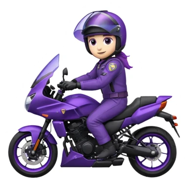 Créer un emoji avec une moto mt07 sport noir mate / violet iridescent très foncé, pare-brise de la moto violet. Avec une pilote dessus visière violet sombre visage caché . Avec fond arrière violet en arrière plan. sticker