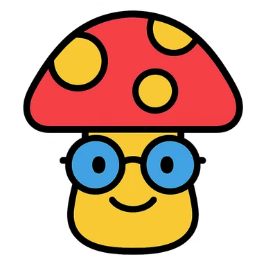colorful icon of a mushroom with glasses and a smile sticker