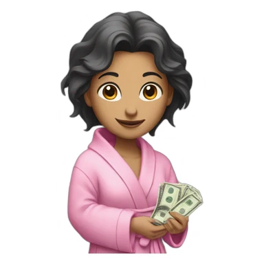 a rat female with a pink bathrobe and black hairs, holding a bunch of money sticker