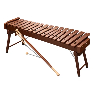 Create a detailed and professional emoji representing a Fleet FLT-SX37 orchestral long wooden xylophone. The design should showcase the large, wooden bars of the xylophone arranged in a traditional layout, with a polished, smooth finish. The bars should be dark brown or mahogany, with soft metallic reflections on the resonators underneath. Include two mallets with rubber or wooden heads resting on the bars, emphasizing their role in striking the notes. The xylophone should have a sophisticated and professional appearance, with clean lines and a polished look. Add subtle musical notes or sound waves to represent the vibrant sound produced by the instrument. The background should be transparent. sticker