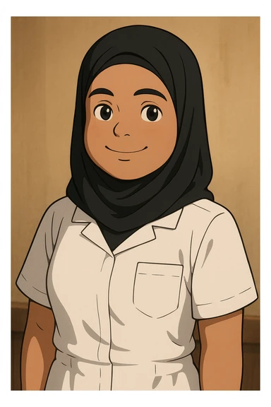 Portrait Ghibli style of a student nurse in a white short-sleeve nursing uniform with a V-neck medical tunic, left chest pocket, no collar stand, no stethoscope, warm indoor ambiance, neutral wall-style background, no clothing under the tunic. sticker