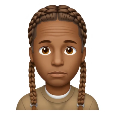 Create an iOS-style emoji of Travis Scott. Neutral facial expression, front-facing head only. Braided hair. Clean Apple emoji style, smooth shading, simple shapes, plain background. sticker