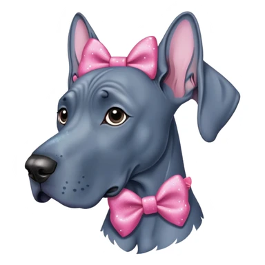 Blue Great Dane dog with a sparkly pink bow on one ear, cute cartoon style sticker