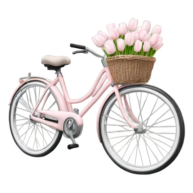 realistic light pink bicycle with basket of white tulips at front sticker
