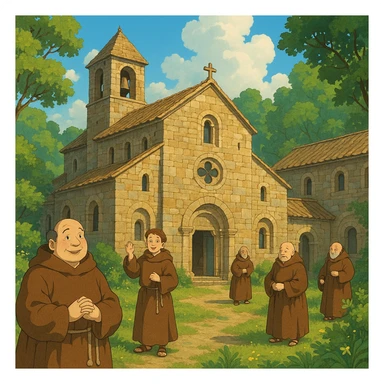 medieval monastery, ghibli style, stone monastery, friendly monks, surrounding nature, cozy atmosphere sticker