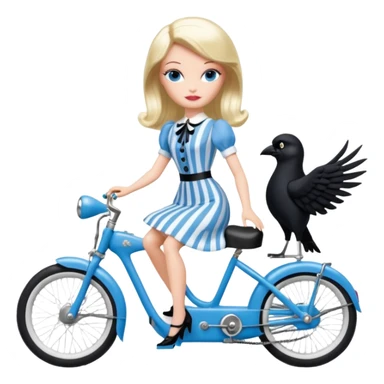 1920s coal hair hotrod Silkstone Marie Antoinette Barbie Wednesday Addams from academy in a blue and black vertically-striped classic dress. riding hot rod electric bikes with crows sticker