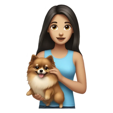 girl with dark hair and blue eyes with pomeranian dog in hands sticker