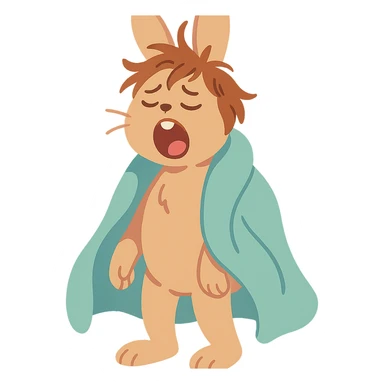 full-body pale brown bunny yawning with messy hair, blanket over shoulders, pastel-toon style sticker