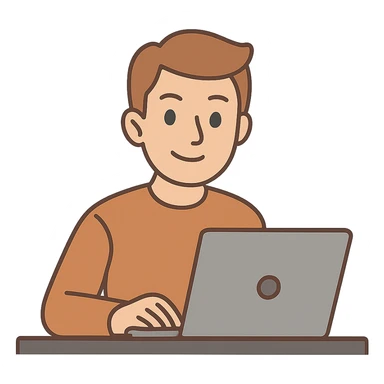 flat toon style man with light brown hair and green eyes sitting in front of a laptop sticker