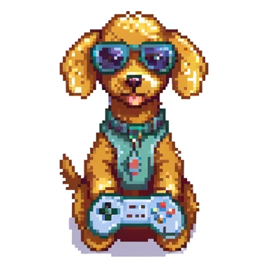 poodle dog with pixel sunglasses holding a joystick, retro gaming vibe sticker