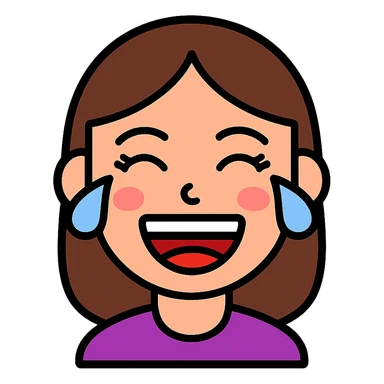 vibrant vector emoji of a female face laughing out loud, eyes tightly closed with joyful tears, wide open mouth showing teeth and tongue, flushed cheeks, expressive and lively, long eyelashes, subtle makeup details, bright colors, clean and smooth lines, playful and energetic style, clearly showing uncontrollable laughter sticker