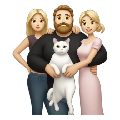 Family photo a fat husband with a beard is holding a white cat and wife with straight hair is holding another black cat sticker