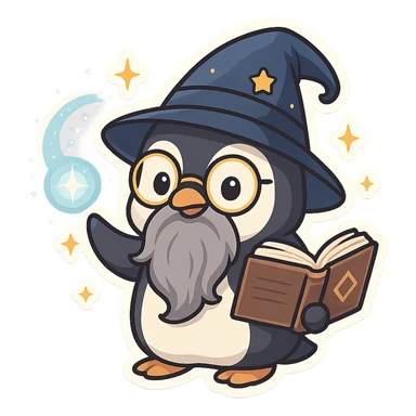 a cartoon penguin wizard with glasses, a long beard, and a spellbook, surrounded by magical effects sticker