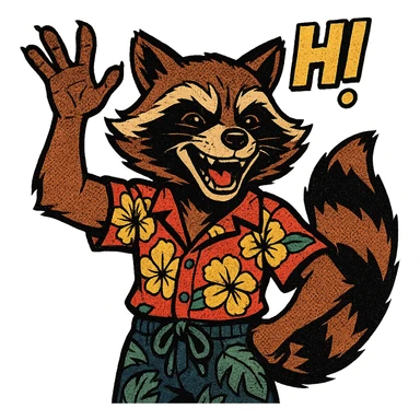 Rocket Raccoon Marvel Rivals summer skin, comic book style, waving, with text 'HI', no background, based on attached reference sticker