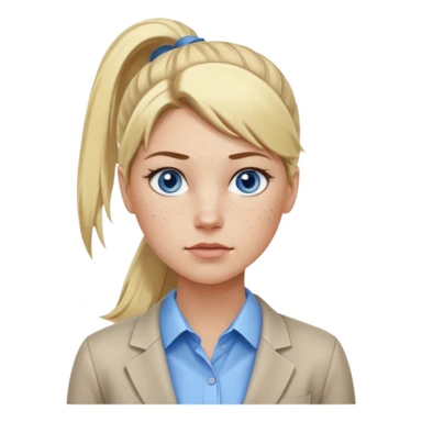 Just a head, blonde hair with lowlights in a ponytail, blue eyes, some freckles, a little older female ready to get some tasks done at work, no bod sticker