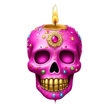 Realistic hot pink sugar skull decorated with colorful rhinestones with metallic gold candle on top of its head dripping meltdown metallic gold wax down skull sticker