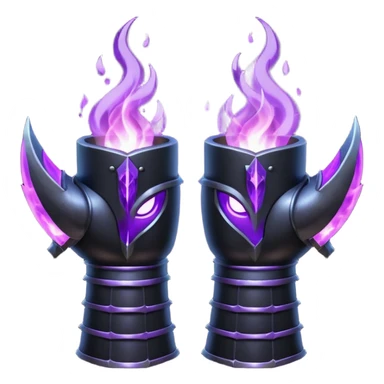 A Discord emoji of a pair of black armored gauntlets holding a flickering violet flame. The hands are positioned as if offering a gift. Dark gothic fantasy, glowing magical effects, high contrast, 2D vector style, white background. sticker