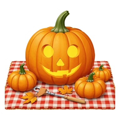 Pumpkin carving on a red gingham blanket  sticker