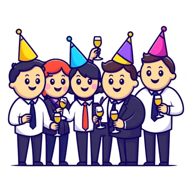 group of happy office workers celebrating with party hats, confetti and wine glasses sticker