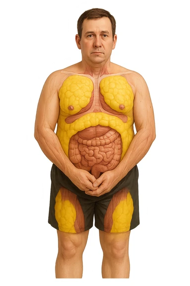a middle-aged man stands in a clinical setting, with semi-transparent overlays highlighting areas of excess body fat accumulation—such as the abdomen, chest, and thighs. The fat tissue is shown in yellow, contrasting with underlying muscles and organs. The man’s expression is neutral, and the background is clean and modern, emphasizing the educational aspect. senza scritte sticker