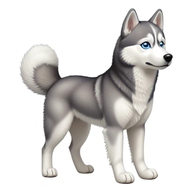 cinematic-[siberian husky]-realistic-full-body-standing-emoji,-tail-resting-loosely-beside-its-paws,blue eyes-head-tilted-dramatically, -fluffy-[grey and white]-fur,-simplified-yet-realistic-focused-features,-highly-detailed,-glowing-with-an-almost-sarcastic-glow sticker