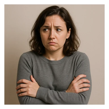 a woman with a worried face, arms crossed protectively, glancing sideways, body language showing insecurity, simple background sticker