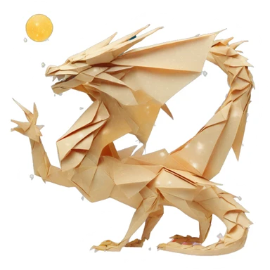 Sparkling patterned Beige Origami dragon with a dried flower crown made of newspapers intricate patterns surrounded by fairy lights nebula galaxy stars swirls iridescent orange cyan yellow sticker