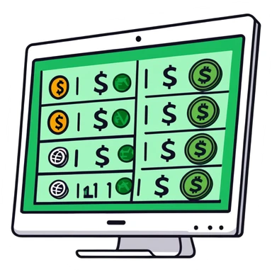 computer screen with price comparison dashboard showing multiple currencies € $ £ ¥ sticker