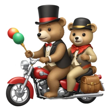 A bear wearing a top hat and holding maracas while on the back of an old lady who is driving a motorcycle sticker