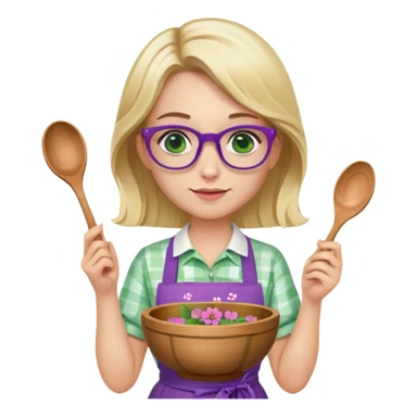 woman with blonde shoulder length hair, purple glasses, green eyes, flower apron, holding bowl and spoon sticker