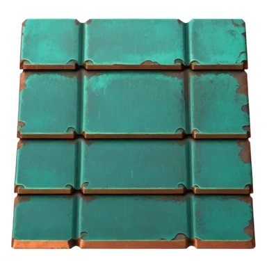 3D render of Roof Tile, heavily oxidized copper texture, verdigris patina, Aged green copper shingle, weathered bronze aesthetic, ancient decay, emoji style, isolated on white background --v 6.0. sticker