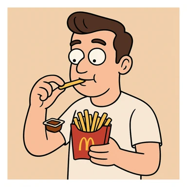 Side oil head brown hair white shirt beige shirts  eating mcdonalds fries some sauce sticker