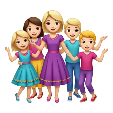 Super happy kids dancing and mom is sewing sticker